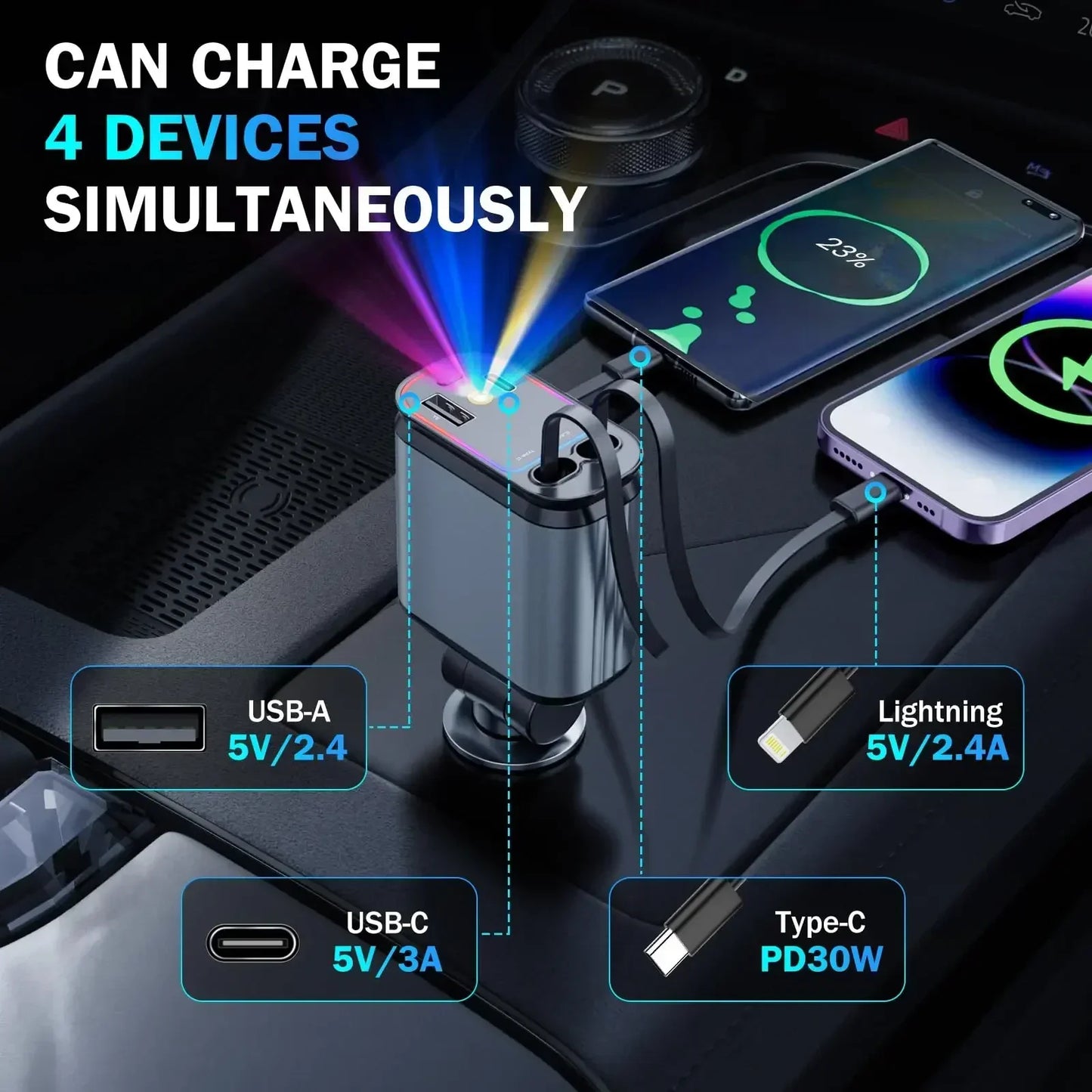 C6 4 In 1 Multi Functional Car Charger Fast Charging With Star Light Providing Durable Quality