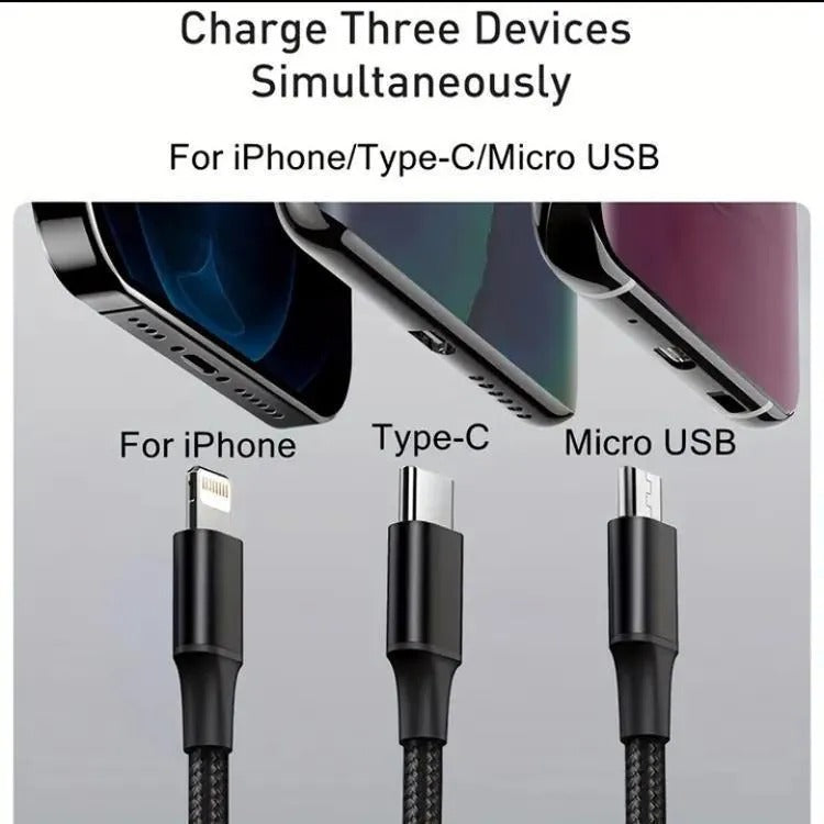 3 In 1 Charging Cable Durable Aluminum Alloy Strong Build Reliable Utility Perfect Choice For Daily Charging Needs (Random Color)