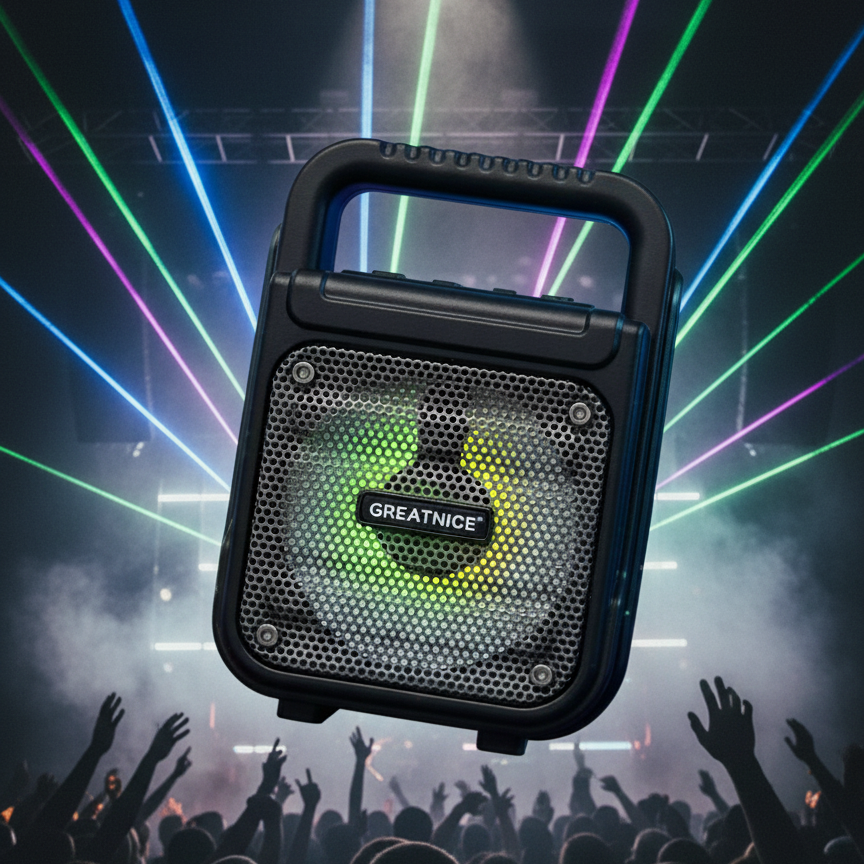 GREATMICE Portable Wireless Party Speaker – Rugged Outdoor Bluetooth Speaker with Integrated Carrying Handle and RGB LED Light Effects